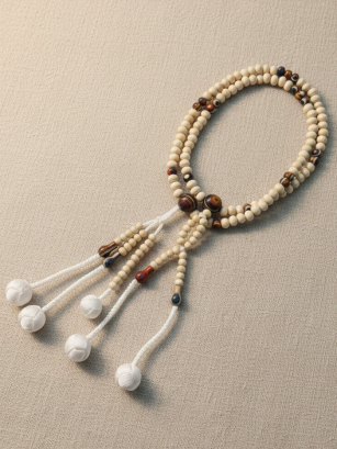 Chapelet Bois Schima -Tribal Ivoire -Grand (Pompons tressés blancs)