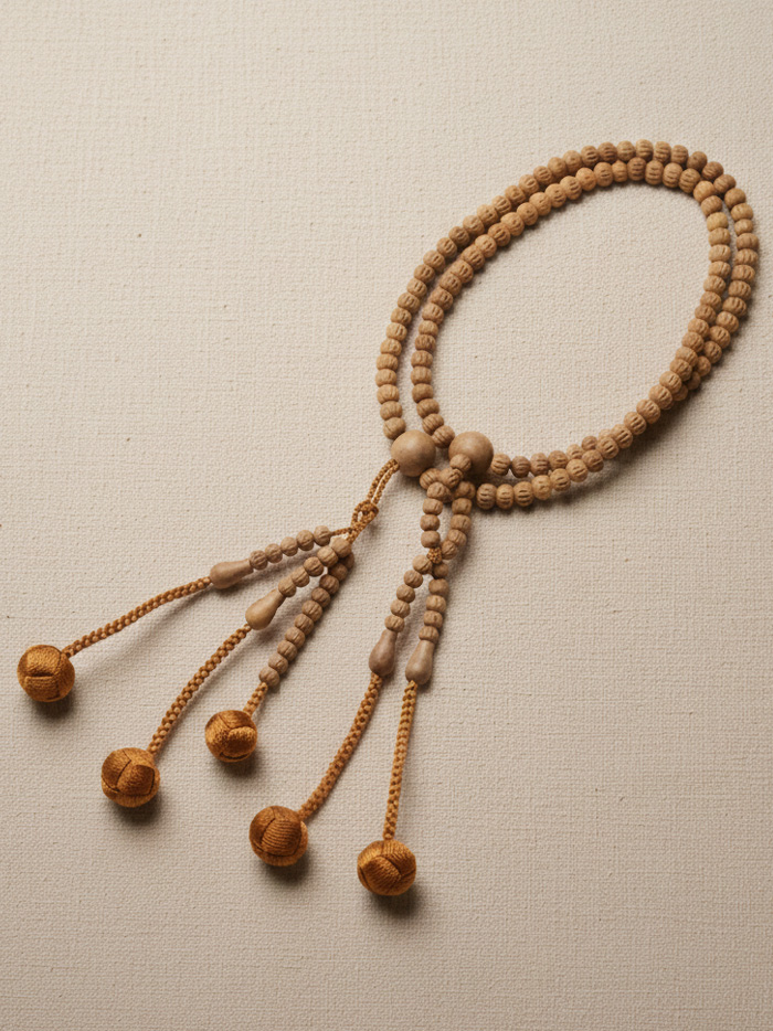 Chapelet Bois de Poirier - Irisé Clair -Grand (Pompons tressés bruns)