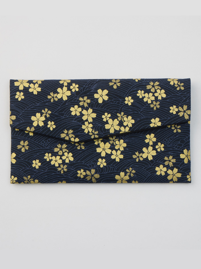 Pochette vagues - bleu marine  & fleurs dorées 
