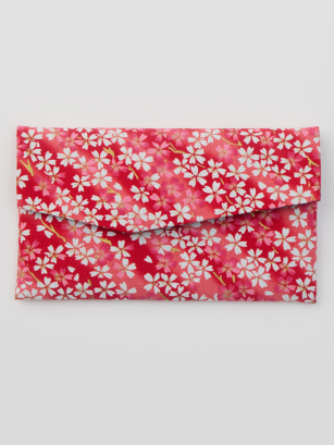 Pochette rose - rouge & fleurs blanches  